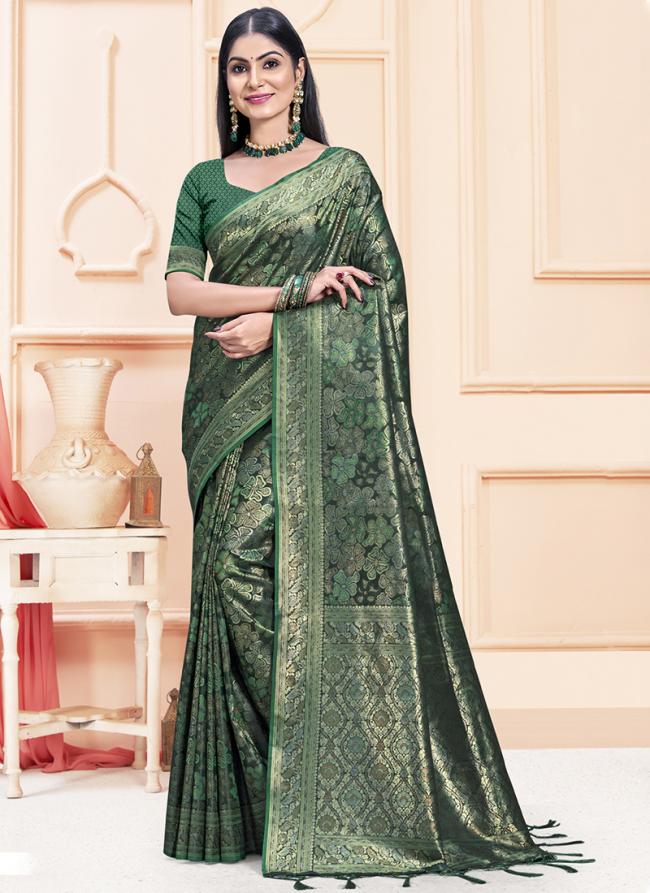 Sattin Silk Green Festival Wear Weaving Saree